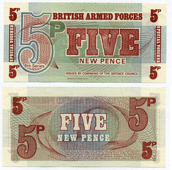 АНГЛИЯ 5 ПЕНСОВ 1972 6 СЕРИЯ, ДЛЯ ВООРУЖЁННЫХ СИЛ Pick М44 бумага UNC (ПРЕСС) 6262-4-3-2