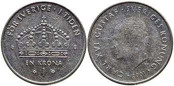 Швеция 1 крона 2001 Карл XVI Густав (1973- ) KM 894 медно-никель 4364-536