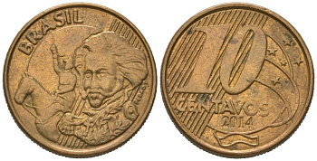Бразилия 10 сентаво 2014 KM 649, Schon 157 сталь плакированная латунью 4621-526