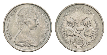 Австралия 5 центов 1981 Елизавета II (1952-2022) молодой портрет, ехидна KM 64 медно-никель UNC 4658-111