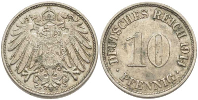 ГЕРМАНИЯ 10 ПФЕННИГОВ 1914 F KM 12, J. 13 медно-никель 210-721