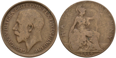 Великобритания 1/2 пенни 1919 Георг V (1910-1936) KM 809, Spink 4056 бронза 4143-654