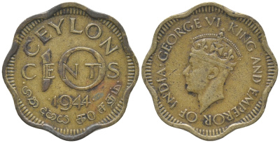 ЦЕЙЛОН 10 ЦЕНТОВ 1944 ГЕОРГ VI KM 118 никель латунь 28-1227