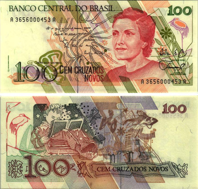 БРАЗИЛИЯ 100 НОВЫХ КРУЗАДО 1989 ПОДПИСЬ 26, СЕСИЛИЯ МЕЙРЕЛИШ Pick 220а бумага UNC (ПРЕСС) 8615-27-3-2