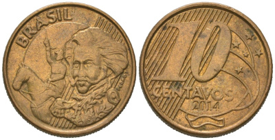 Бразилия 10 сентаво 2014 KM 649, Schon 157 сталь плакированная латунью 4621-526