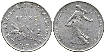 ФРАНЦИЯ 1 ФРАНК 1971 СЕЯТЕЛЬ KM 925.1 никель 59-526