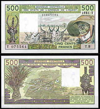 Валютный Союз Стран Западной Африки 500 франков 1981 буква Т, Того, signatures: E. Ky & A. Fadiga, 9 цифр в номере Pick 806Тb бумага UNC (пресс) 00-00