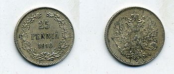 Россия для Финляндии 25 пенни 1916 S, Николай II (1894-1917) KM 6.2, Биткин 421 серебро 46-1323