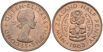 Новая Зеландия 1/2 пенни 1963 Елизавета II (1952-2022), божество Хей-Тики KM 23.2 бронза  aUNC  4176-142