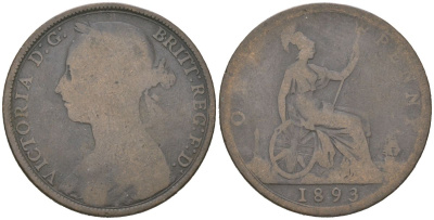 Великобритания 1 пенни 1893 Виктория (1837-1901) KM 755, Spink 3954 бронза 3460-1013