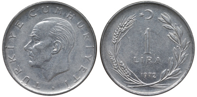 Турция 1 лира 1972 Мустафа Кемаль Ататюрк KM 889a.2 нержавеющая сталь62-1047