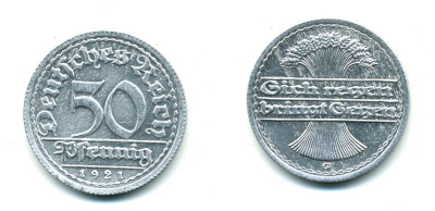 ГЕРМАНИЯ 50 ПФЕННИГОВ 1921 G KM 27, J. 301 алюминий 23-825