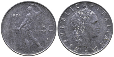 ИТАЛИЯ 50 ЛИР 1974 R, КУЗНЕЦ KM 95.1 сталь 3333-841