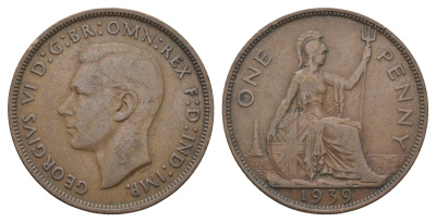 Великобритания 1 пенни 1939 Георг VI (1936-1952) KM 845, Spink 4114 бронза 4661-815