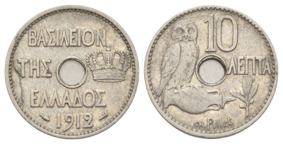 Греция 10 лепт 1912 Георг I (1863-1913), сова, год-тип KM 63 никель 4708-1064