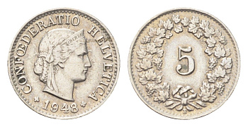 Швейцария 5 раппенов 1948 B KM 26 медно-никель 4705-1242