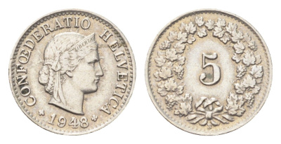 Швейцария 5 раппенов 1948 B KM 26 медно-никель 4705-1242