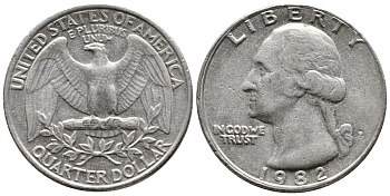 США 25 центов = квотер 1982 P, Вашингтон KM А164а медь плакированная медно-никелем 23-116