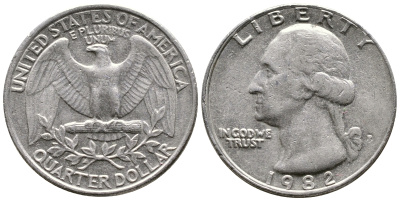 США 25 центов = квотер 1982 P, Вашингтон KM А164а медь плакированная медно-никелем 23-116