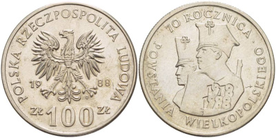 ПОЛЬША 100 ЗЛОТЫХ 1988 MW, 70 ЛЕТ ВЕЛИКОПОЛЬСКОГО ВОССТАНИЯ KM 182 медно-никель 4542-1031