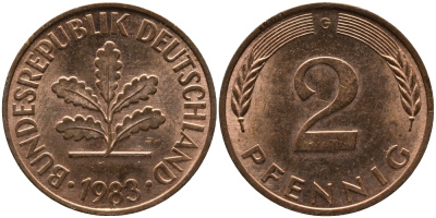 ФРГ 2 ПФЕННИГА 1983 G KM 106а, J.381а сталь плакированная сталь плакированная медьюю 33-243
