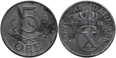 ДАНИЯ 5 ЭРЕ 1945 N; S, КРИСТИАН X (1912-1947) KM 834a цинк 51-844
