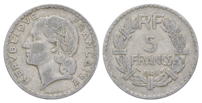 Франция 5 франков 1949 KM 888b, Le Franc 339.17 алюминий 4634-735