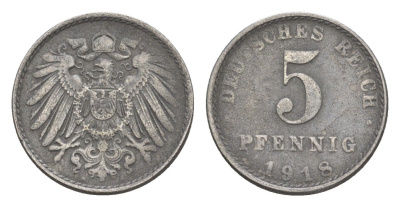 Германия 5 пфеннигов 1918 A, Вильгельм II (1888-1918) KM 19, J. 297, Weege 5 железо плакированное цинком 4640-162