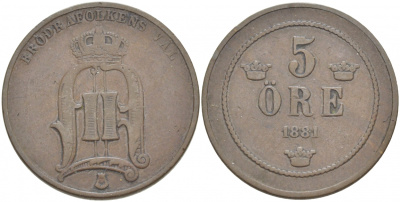 Швеция 5 эре 1881 Оскар II (1872-1907) король Швеции и Норвегии KM 736 (516) бронза 4548-1013