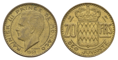 Монако 20 франков 1951 Ренье III (1949-2005) KM 131 алюминиевая бронза 4681-346