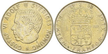 Швеция 1 крона 1953 TS, Густав VI Адольф (1950-1973) KM 826 серебро 3851-935