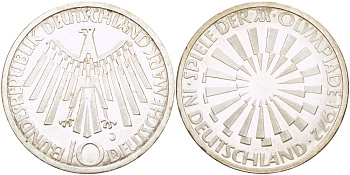 ФРГ 10 МАРОК 1972 J, ОЛИМПИЙСКИЕ ИГРЫ В МЮНХЕНЕ 1972 ГОДА, СПИРАЛЬ KM 134.1, J. 401b серебро 413-1415