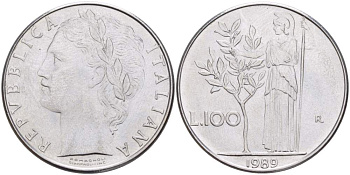 ИТАЛИЯ 100 ЛИР 1989 R, АФИНА, ДИАМЕТР 28 ММ. KM 96.1 нержавеющая сталь 4531-122