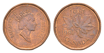 Канада 1 цент 1991 Елизавета II (1952-2022), кленовый лист KM 181 бронза 4630-611
