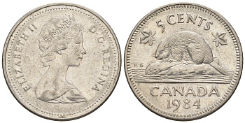 Канада 5 центов 1984 Елизавета II (1952-2022), бобер KM 60.2а медно-никель 4609-432