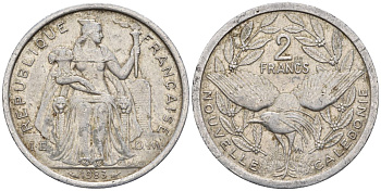 Французская Новая Каледония 2 франка 1983 птица кагу, (IEOM) KM 14, Schoen 11, Lec 63 алюминий    08-936