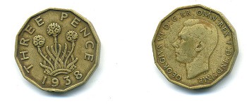 Великобритания 3 пенса 1938 Георг VI (1936-1952) KM 849, Spink 4112 никель латунь 4383-246