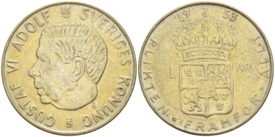 Швеция 1 крона 1953 TS, Густав VI Адольф (1950-1973) KM 826 серебро 3851-935