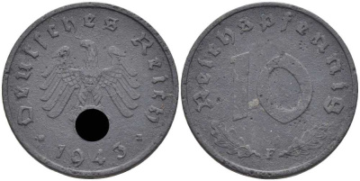 ГЕРМАНИЯ 10 РЕЙХСПФЕННИГОВ 1943 F KM 101, J. 371 цинк 4401-545