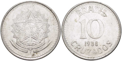 Бразилия 10 крузадо 1988 реформа 1986-1989 KM 607 нержавеющая сталь 202-147