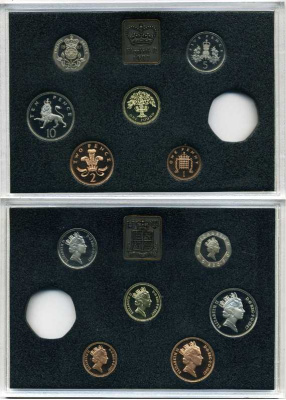 Великобритания набор из 7 монет + жетон монетного двора 1987 в оригинальной пластиковой упаковке, с сертификатом, без 50 пенсов, тираж 125000 экз. KM PS 51 PROOF 2-6-3-08