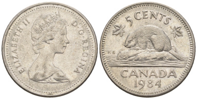Канада 5 центов 1984 Елизавета II (1952-2022), бобер KM 60.2а медно-никель 4609-432