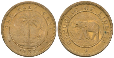 Либерия 1/2 цента 1937 KM 10 латунь aUNC 4588-758