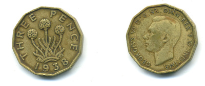 Великобритания 3 пенса 1938 Георг VI (1936-1952) KM 849, Spink 4112 никель латунь 4383-246