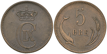 Дания 5 эре 1874 CS, Кристиан IX (1863-1906) KM 794 бронза    4172-526