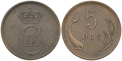 Дания 5 эре 1874 CS, Кристиан IX (1863-1906) KM 794 бронза    4172-526