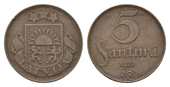 Латвия 5 сантимов 1922 KM 3 бронза 4689-957