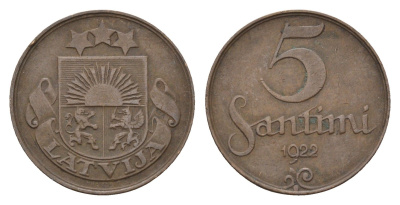 Латвия 5 сантимов 1922 KM 3 бронза 4689-957