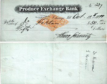 США чек на 50 долларов 1899 Produce Exchange Bank, Чикаго бумага 434-22-1-1
