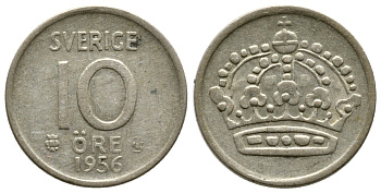 Швеция 10 эре 1956 TS, Густав VI Адольф (1950-1973) KM 823 серебро 3458-146